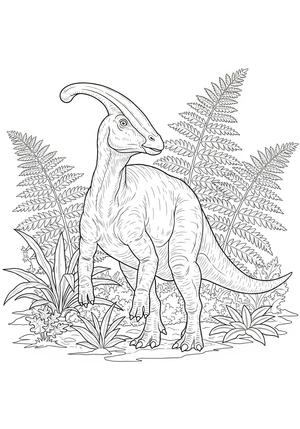 Parasaurolophus tussen hoge varens kleurplaat
