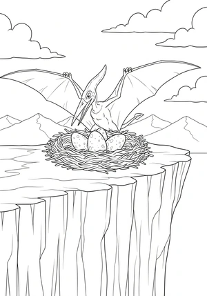 Pterodactylus nest hoog op de rots kleurplaat