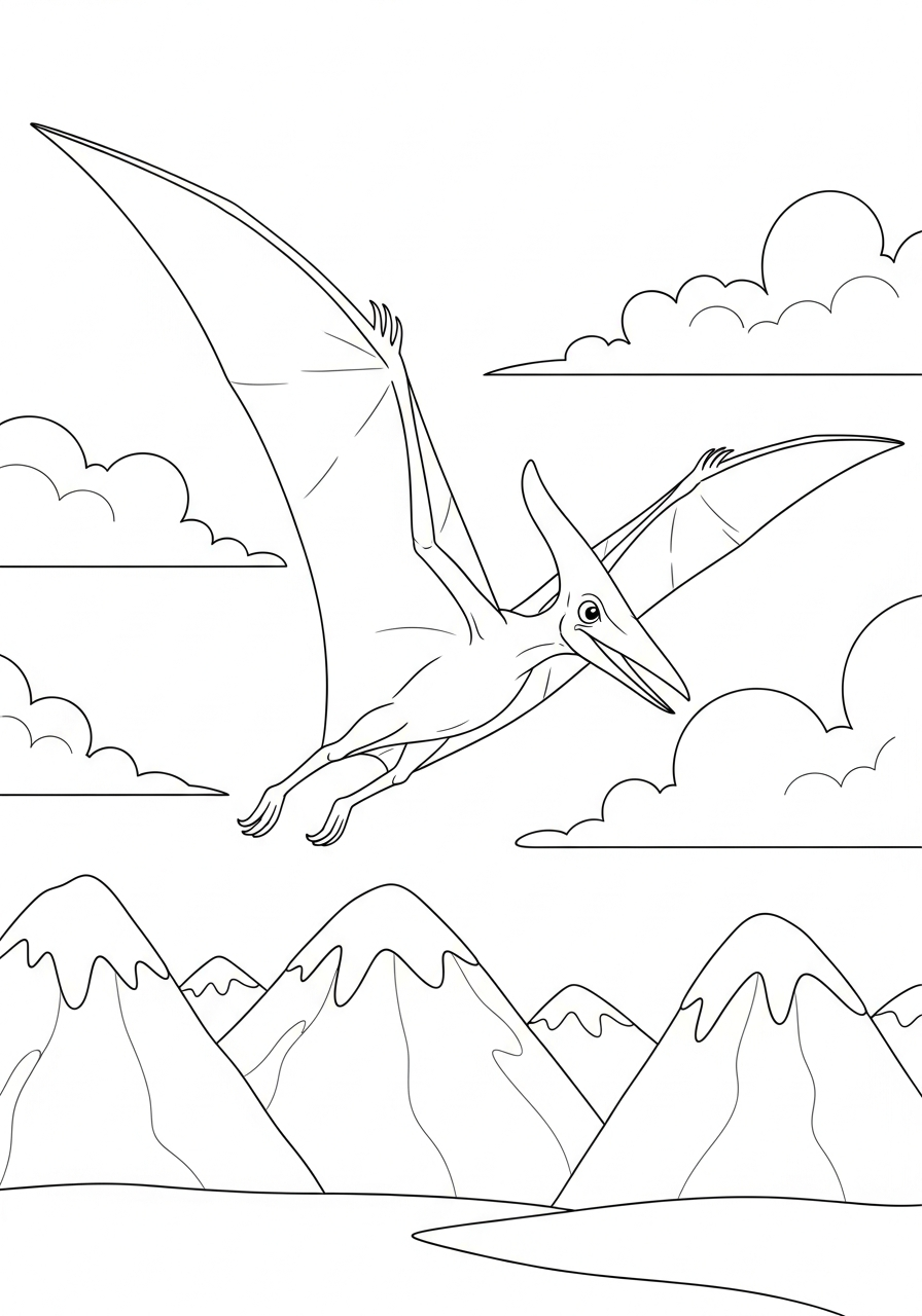 Pterodactylus zweeft met gespreide vleugels boven prehistorische bergen kleurplaat