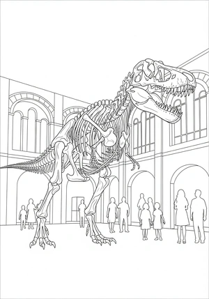 Skelet van een dinosaurus in een museum kleurplaat