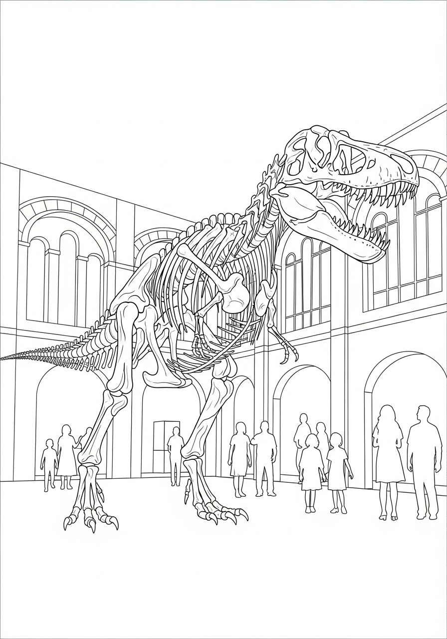 Groot dinosaurus skelet staat opgesteld in een museumzaal kleurplaat