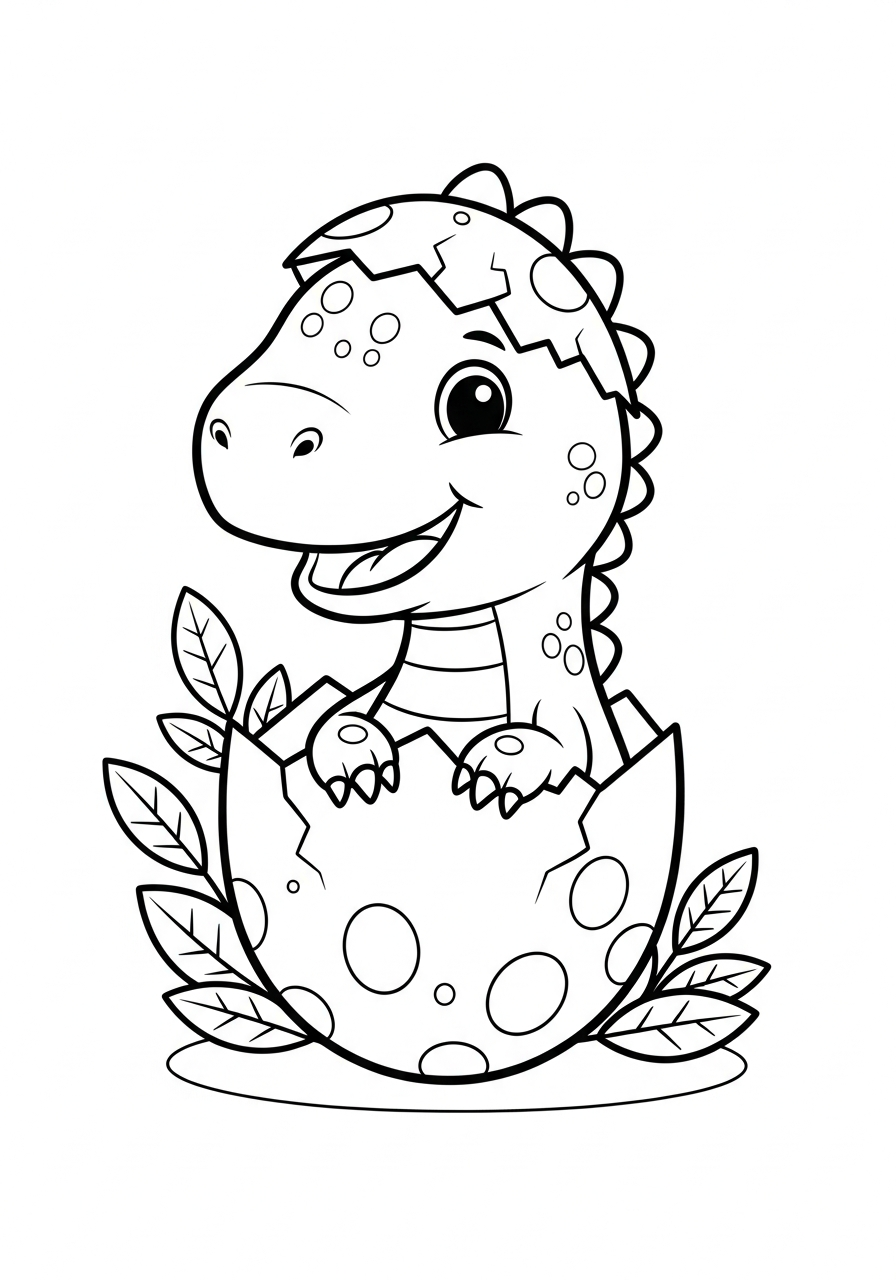 Schattige baby dinosaurus kruipt lachend uit een gebarsten ei kleurplaat