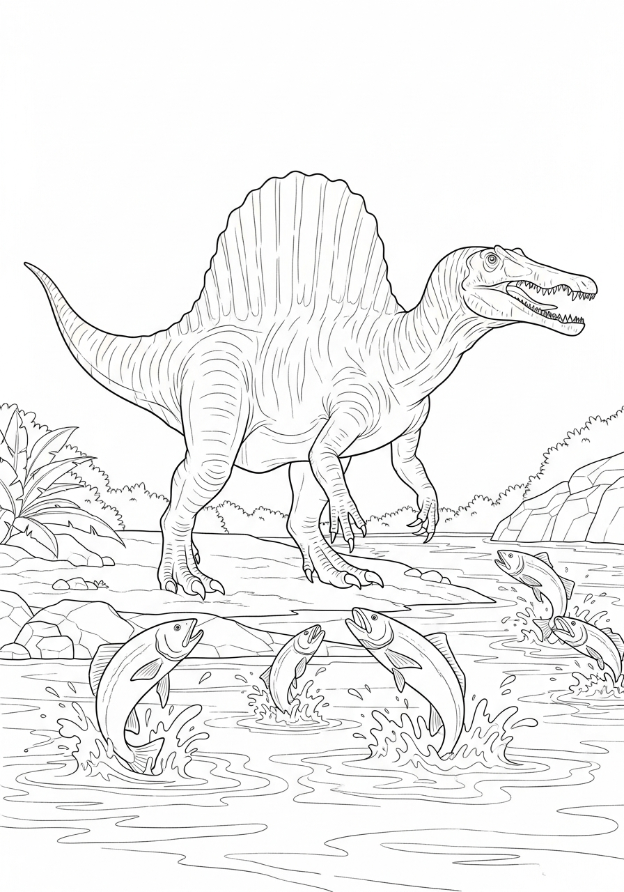 Spinosaurus met grote rugzeil staat aan de oever van een rivier kleurplaat