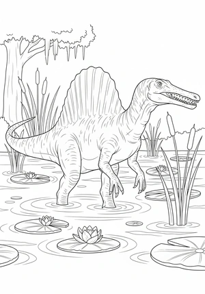 Spinosaurus in een moeras vol planten kleurplaat