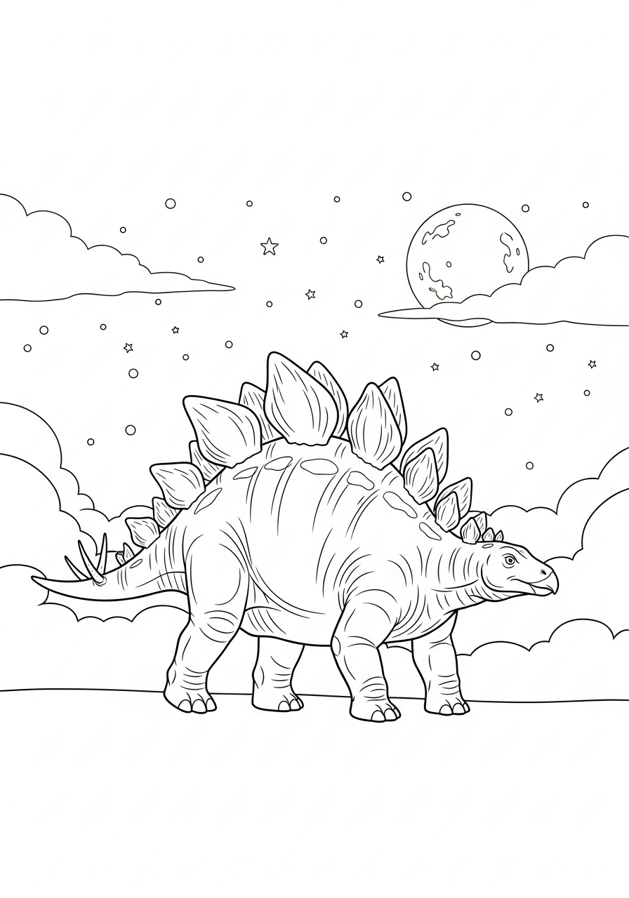 Stegosaurus loopt onder een hemel vol sterren en maan kleurplaat