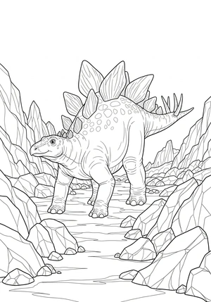 Stegosaurus tussen vulkanische rotsen kleurplaat