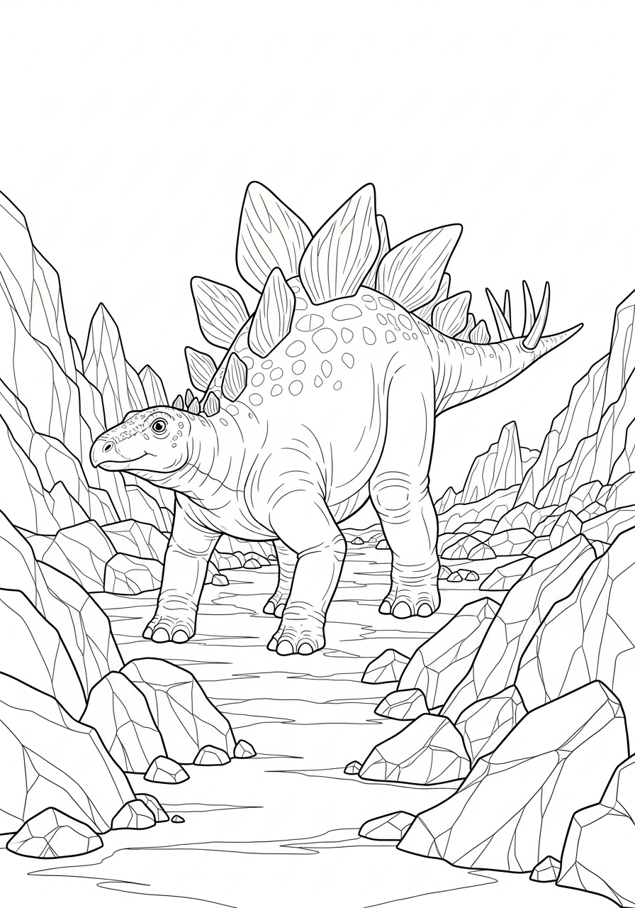 Stegosaurus loopt tussen scherpe vulkanische rotsen en stenen kleurplaat