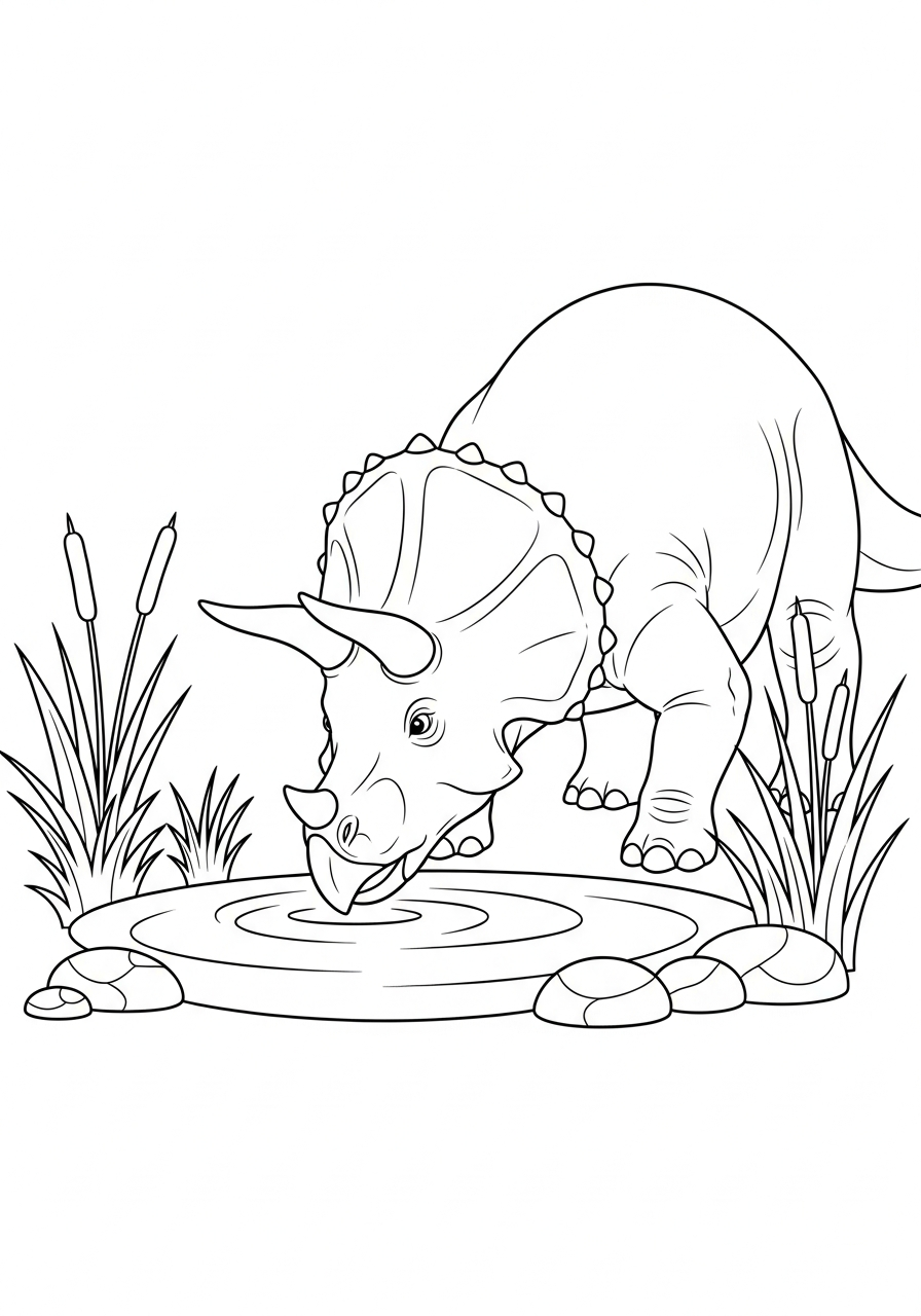 Triceratops drinkt water bij een kleine poel met riet kleurplaat