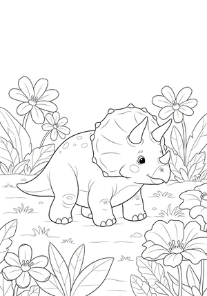 Triceratops tussen de prehistorische bloemen kleurplaat