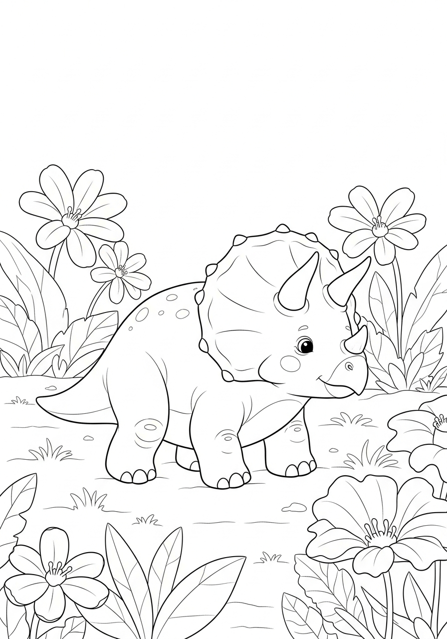 Triceratops loopt rustig tussen grote prehistorische bloemen en planten kleurplaat