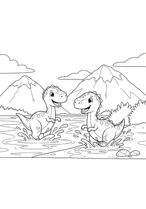 Twee spelende dino's bij een meer kleurplaat