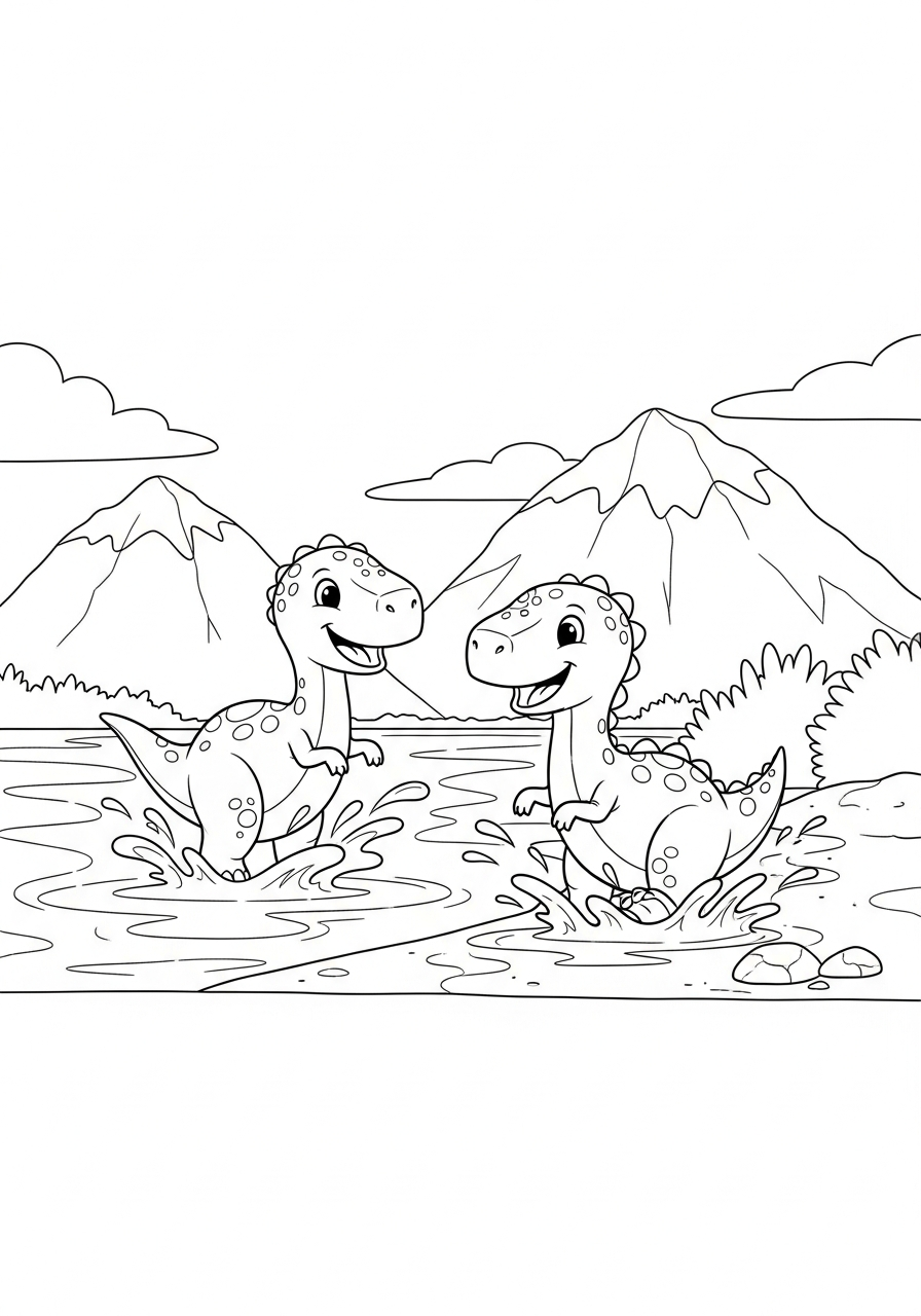 Twee jonge dino's spelen vrolijk bij de oever van een meer kleurplaat