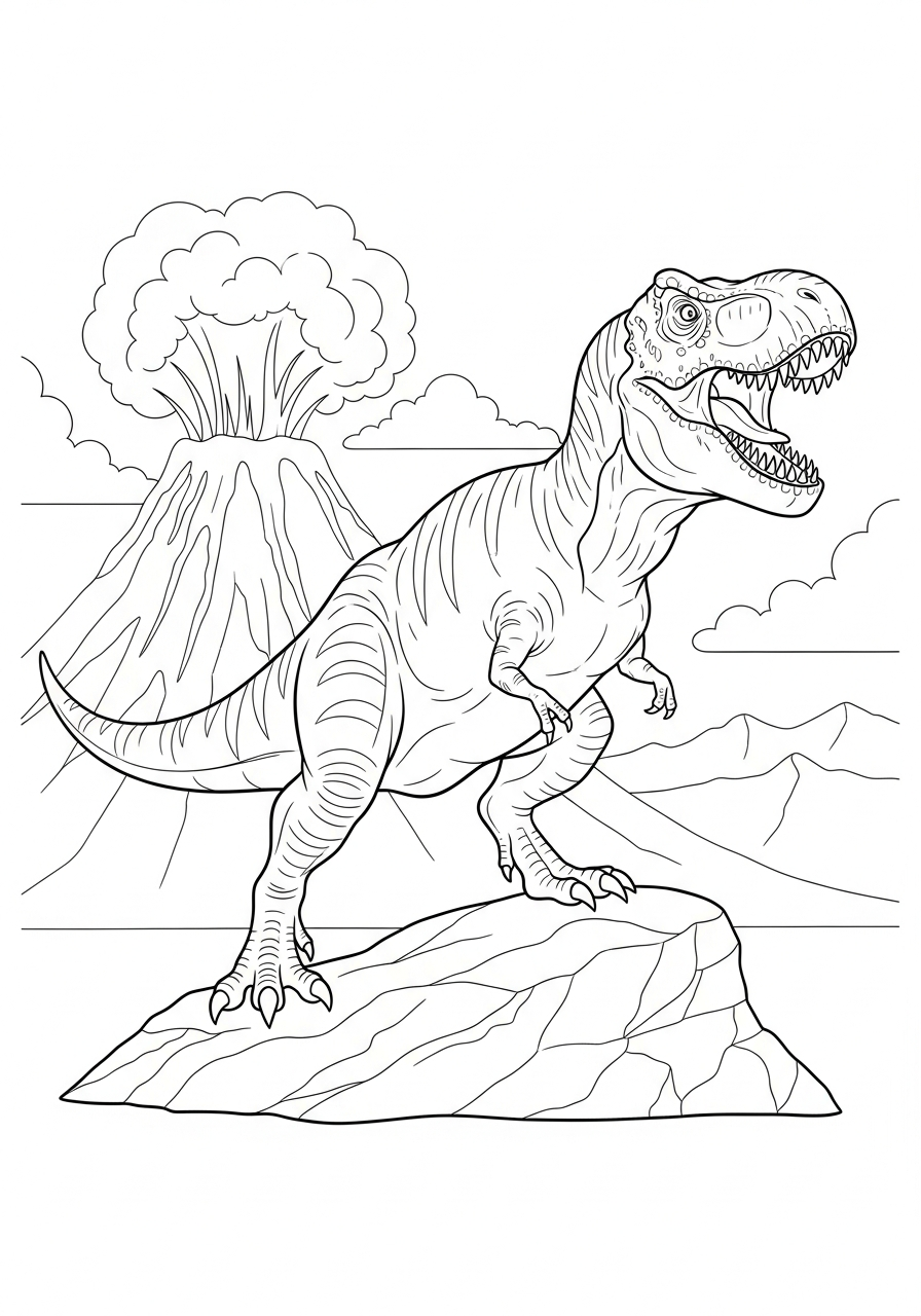 Tyrannosaurus rex staat op een rots en brult met een vulkaan op de achtergrond kleurplaat