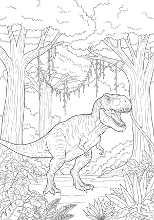 Tyrannosaurus rex in een dicht oerwoud kleurplaat