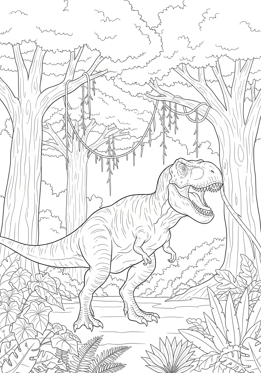 Tyrannosaurus rex staat tussen dichte bomen en lianen in het oerwoud kleurplaat