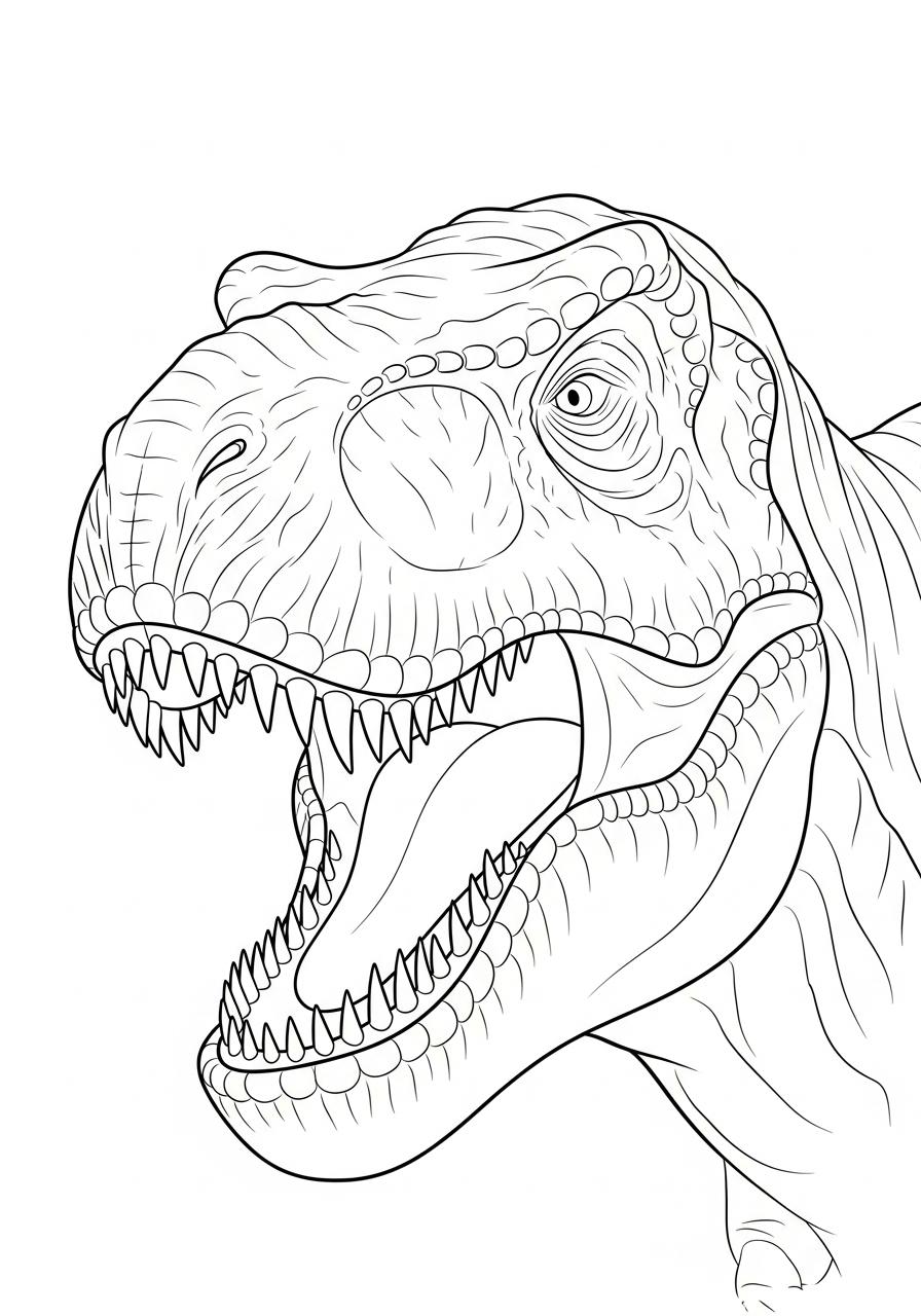 Close-up van een Tyrannosaurus rex kop met open bek en tanden kleurplaat