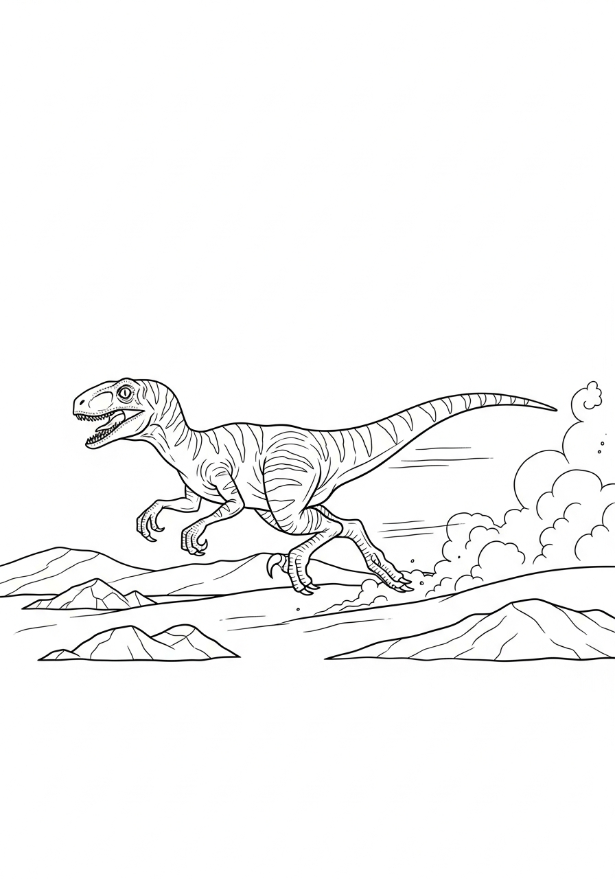 Velociraptor rent snel over rotsachtige heuvels met stofwolken kleurplaat