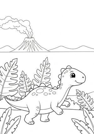 Vriendelijke dinosaurus in prehistorisch bos kleurplaat