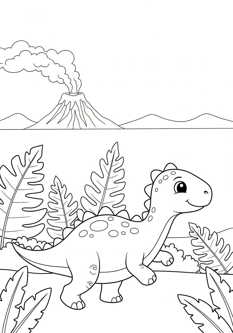 Vriendelijke dinosaurus loopt door een prehistorisch bos met bomen en planten om in te kleuren kleurplaat