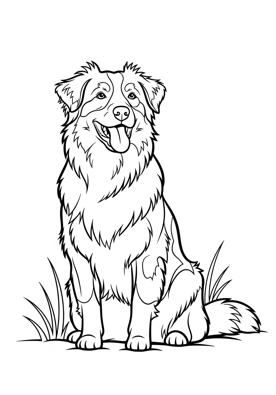 Hond kleurplaat van een Australian shepherd met mooie vlekken, om in te kleuren kleurplaat