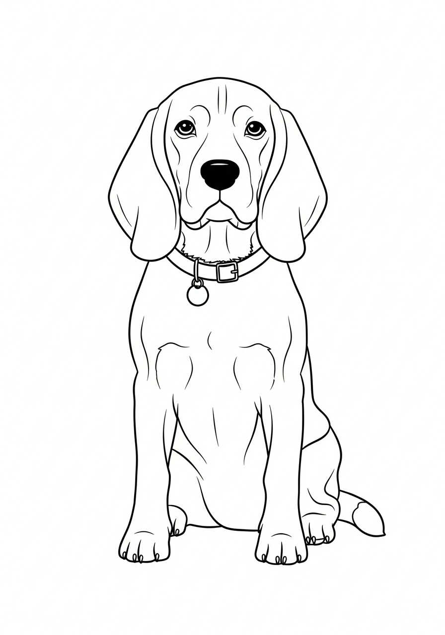 Hond kleurplaat van een Beagle met lange oren die zit te glimlachen, om in te kleuren.