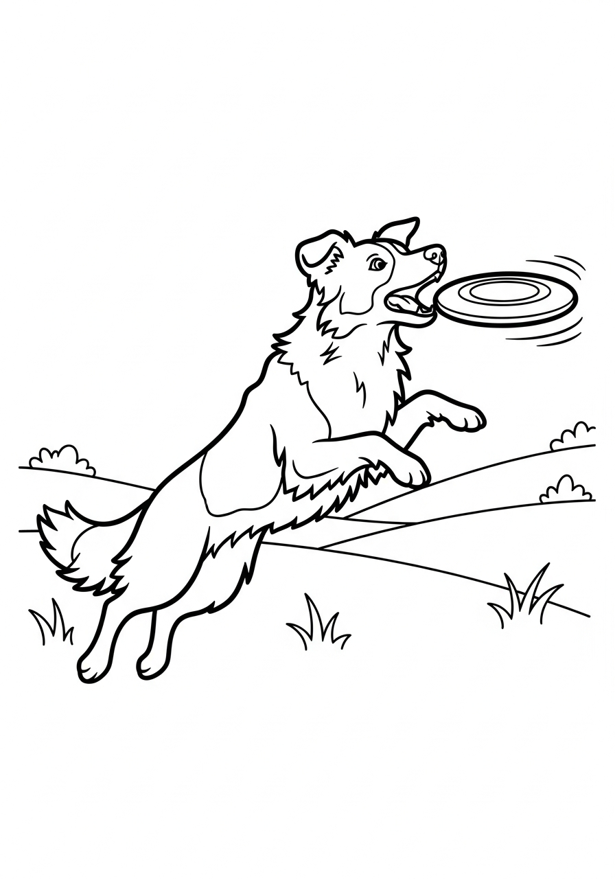 Hond kleurplaat van een Border collie die een frisbee vangt, om in te kleuren.