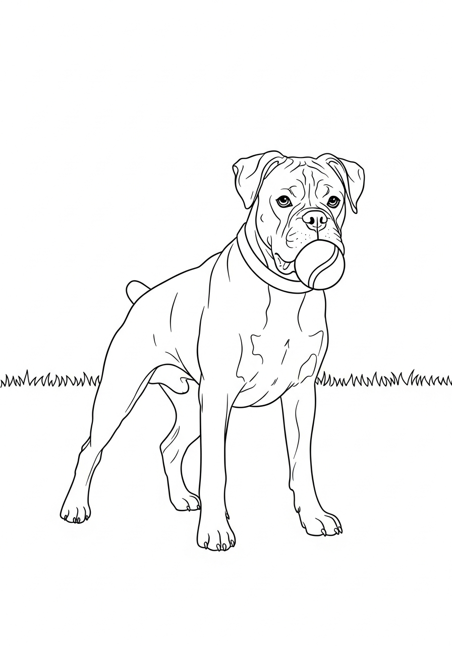Hond kleurplaat van een boxer hond die speels staat met een bal, om in te kleuren.