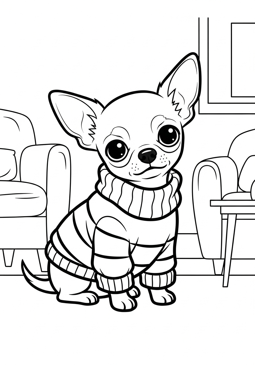 Hond kleurplaat van een Chihuahua met een warme trui, schattig om in te kleuren kleurplaat