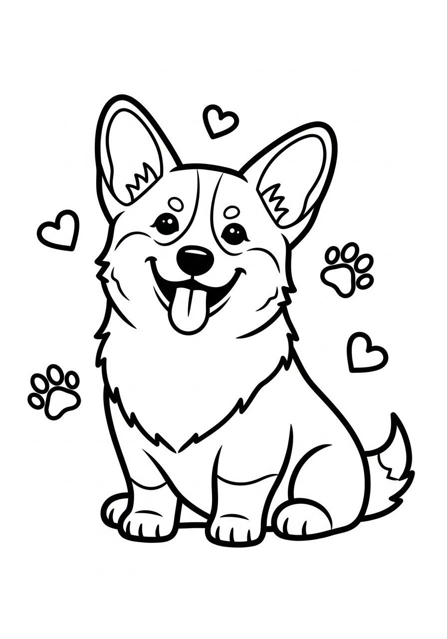 Hond kleurplaat van een corgi met korte pootjes en grote oren, om in te kleuren.