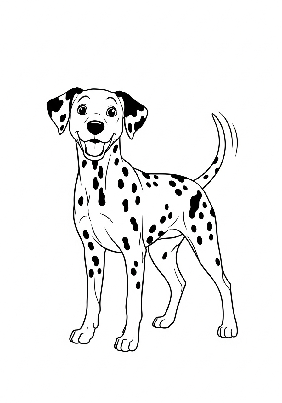 Hond kleurplaat van een Dalmatiër met stippen, klaar om zelf in te kleuren.