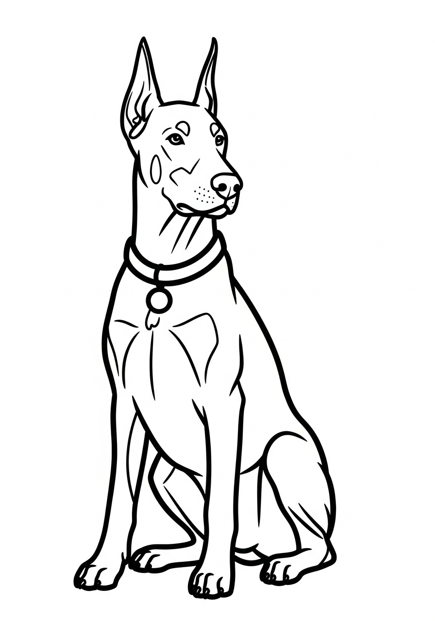 Hond kleurplaat van een dobermann met halsband, rustig en kindvriendelijk om in te kleuren.