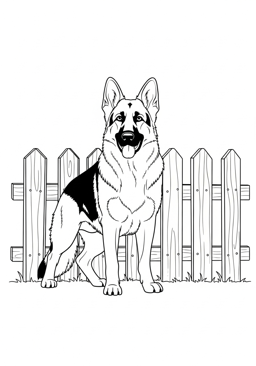 Hond kleurplaat van een Duitse herder die alert staat bij een hek, om in te kleuren.