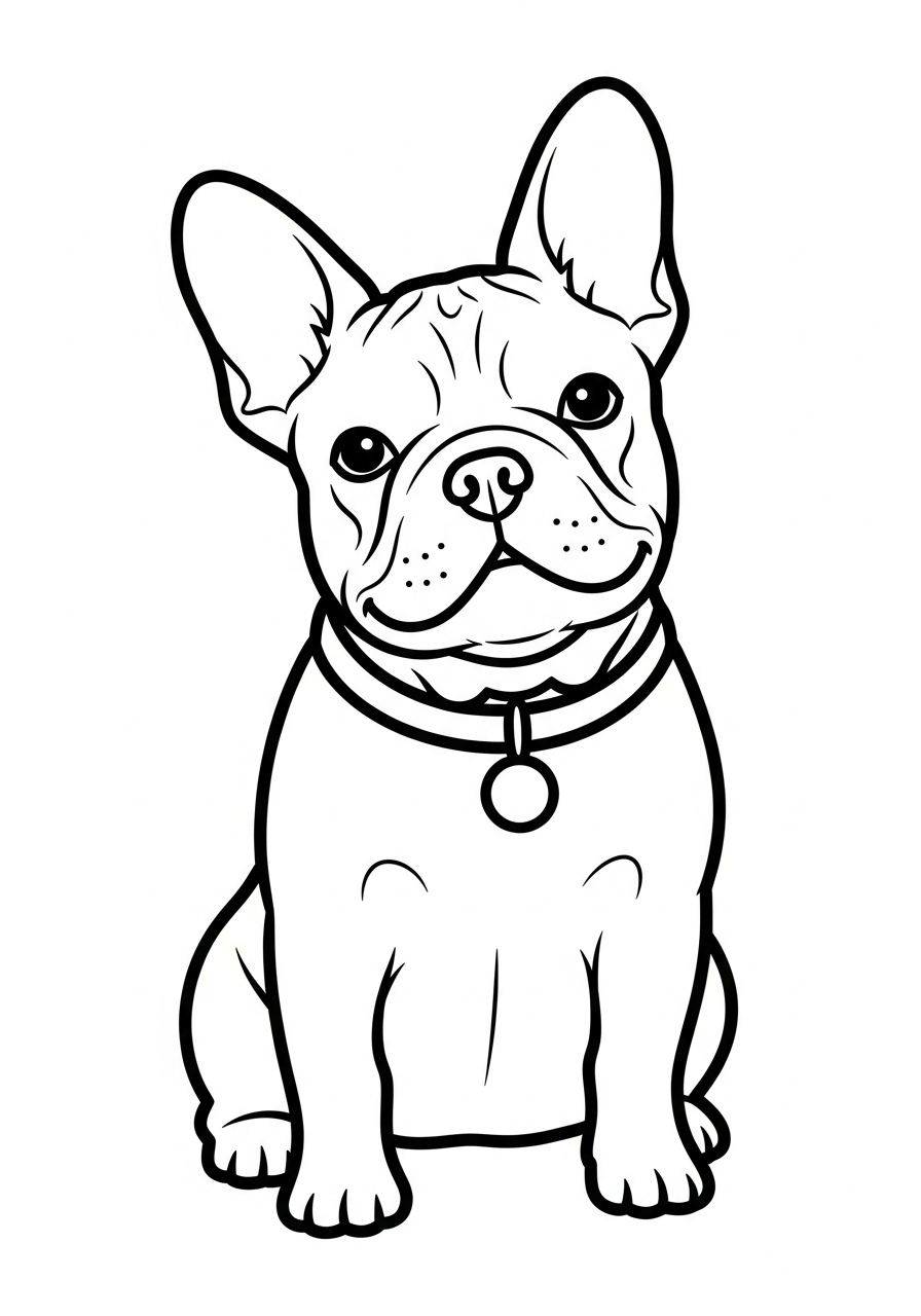 Hond kleurplaat van een Franse bulldog met grote oren, schattig om in te kleuren.