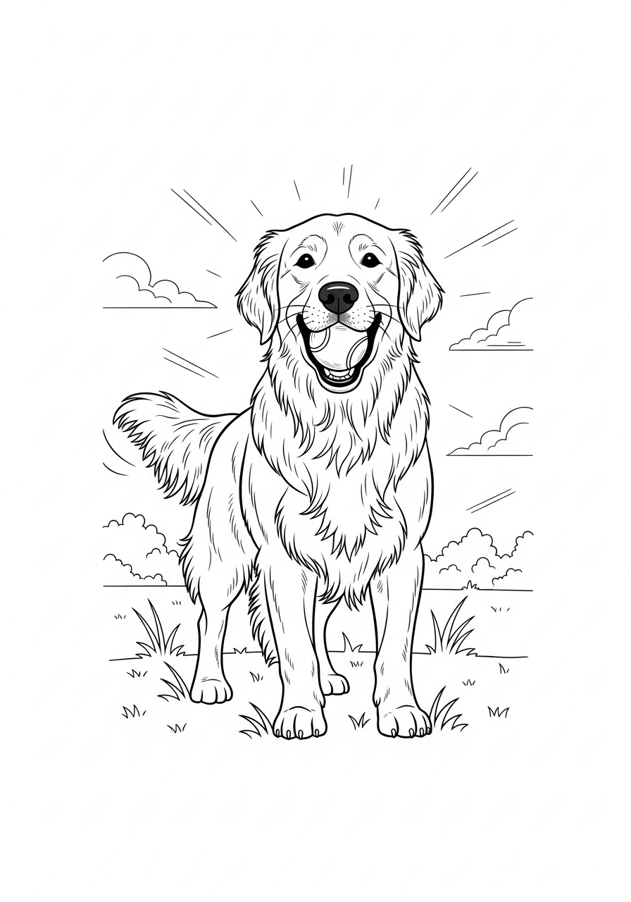 Hond kleurplaat van een Golden retriever met een tennisbal in zijn bek, om in te kleuren.