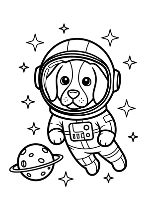 Hond als astronaut in de ruimte kleurplaat
