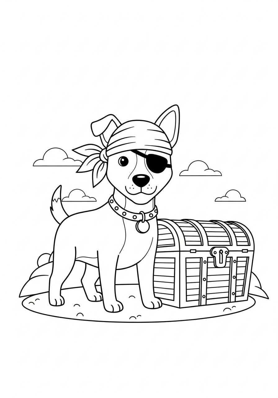 Hond kleurplaat van een hond als piraat met een schatkist, om in te kleuren.