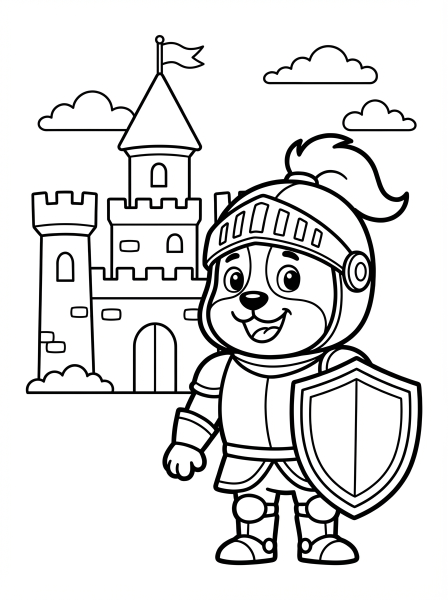 Hond kleurplaat van een hond als ridder met helm en schild, om in te kleuren.