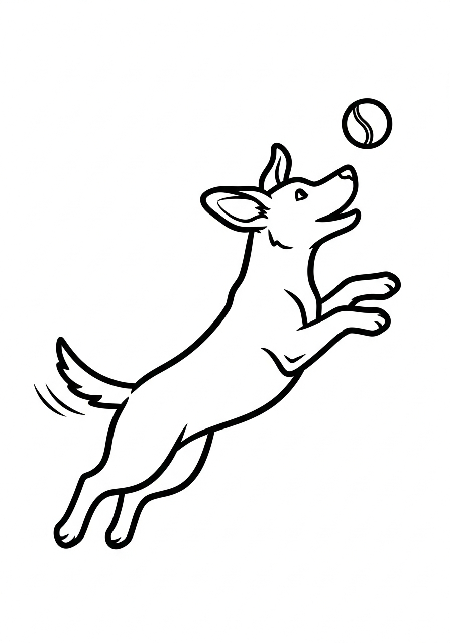 Hond kleurplaat van een hond die springt om een bal te vangen, leuk om in te kleuren.