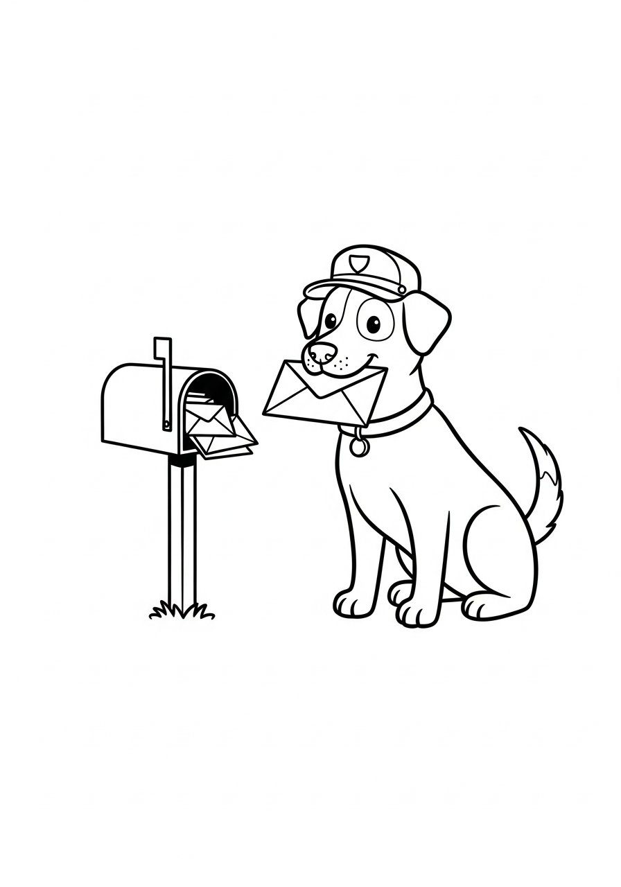 Hond kleurplaat van een hond met een envelop in zijn bek, als postbode om in te kleuren.
