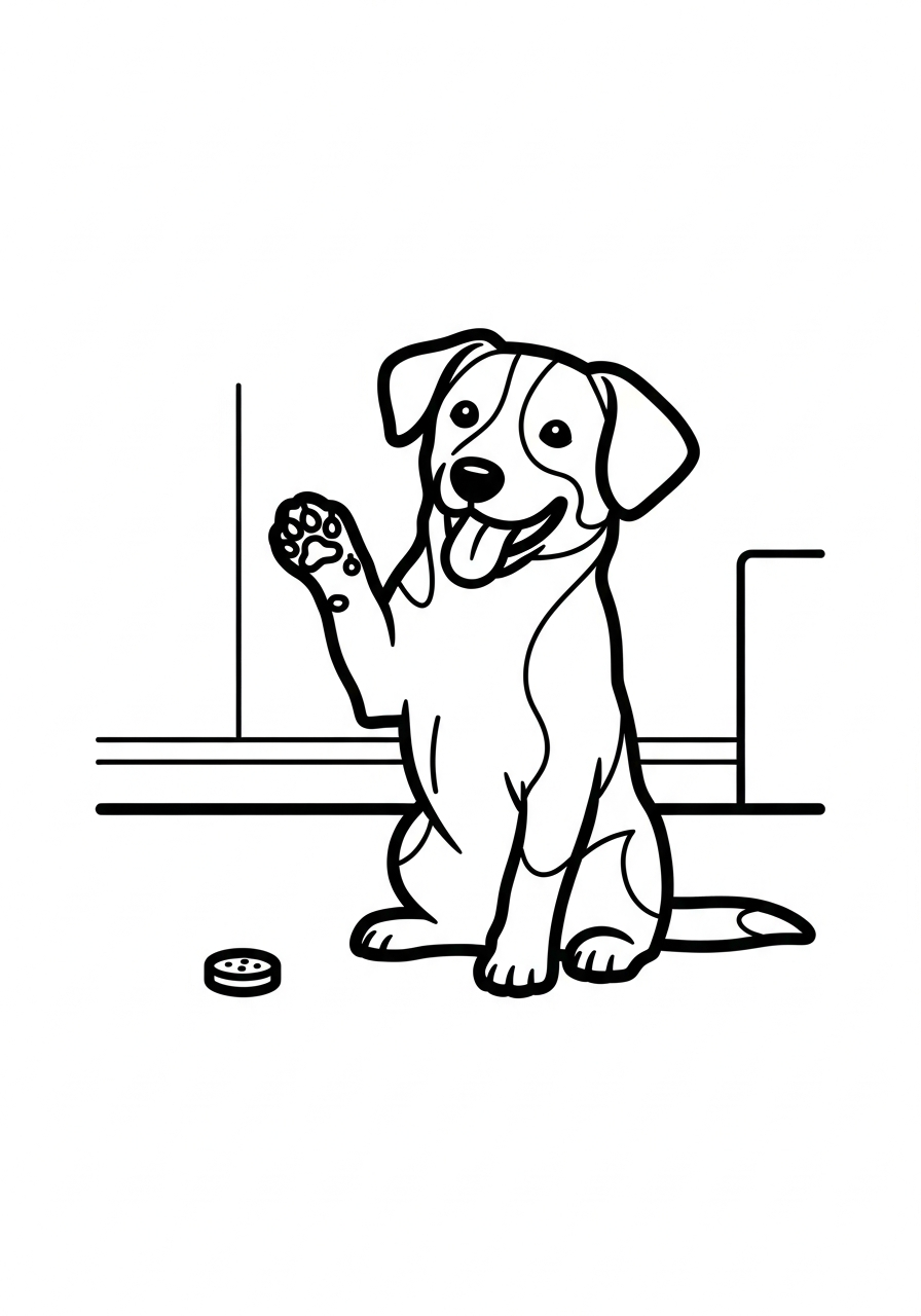 Hond kleurplaat van een hond die een trucje doet, zoals poot geven, om in te kleuren.