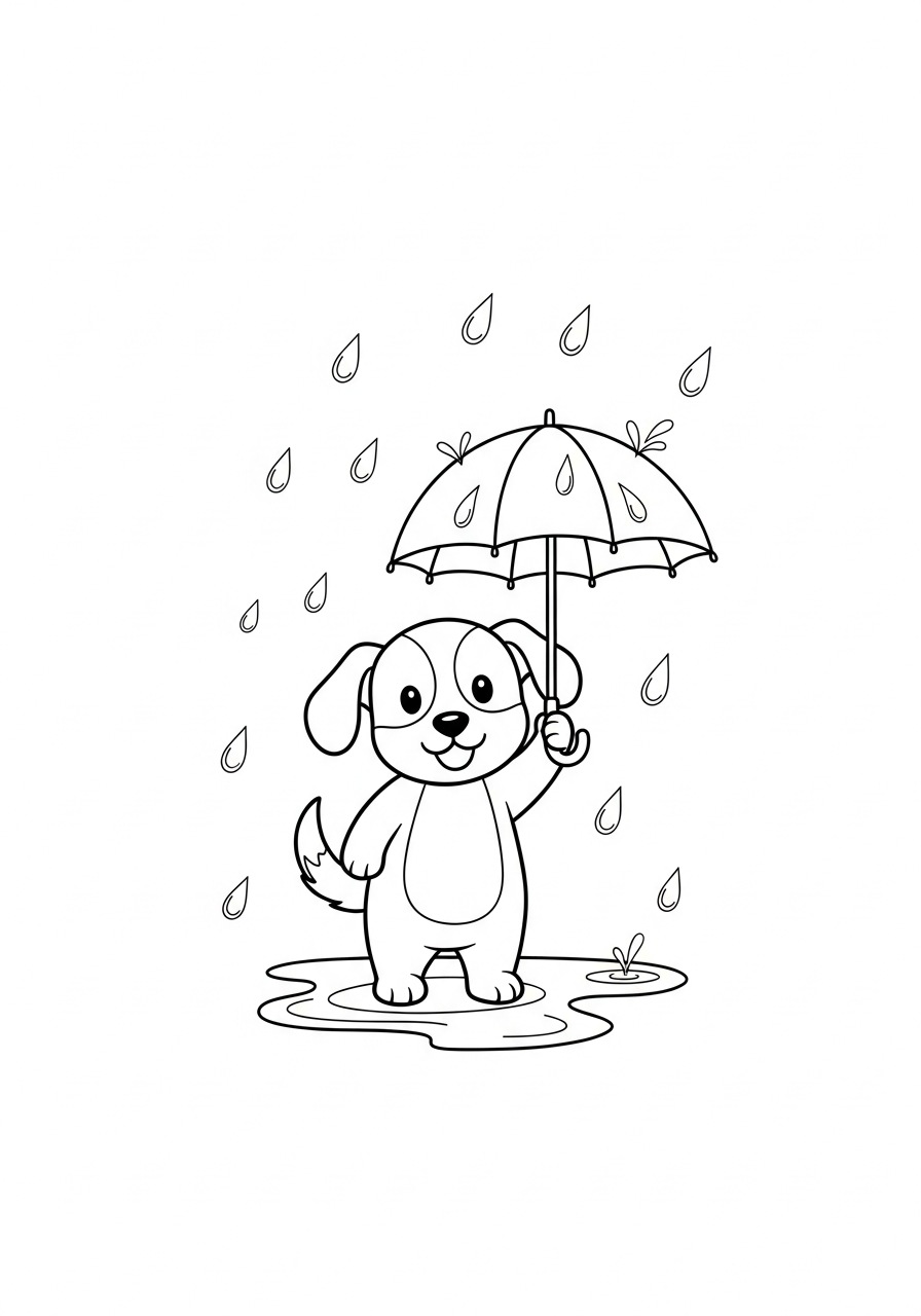 Hond kleurplaat van een hond met een paraplu in de regen, met druppels om in te kleuren kleurplaat