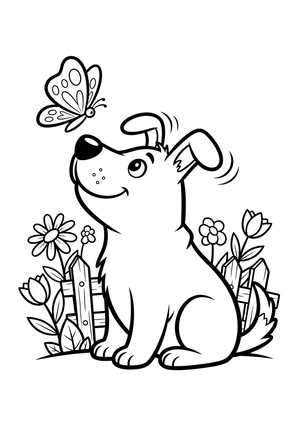 Hond in de tuin met vlinder kleurplaat