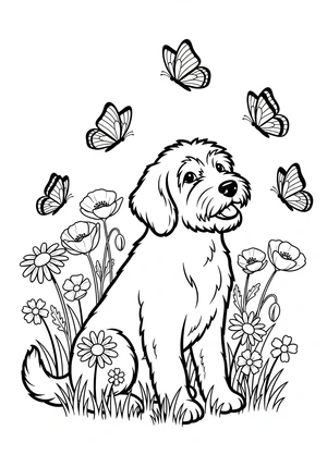 Hond in een bloemenveld kleurplaat