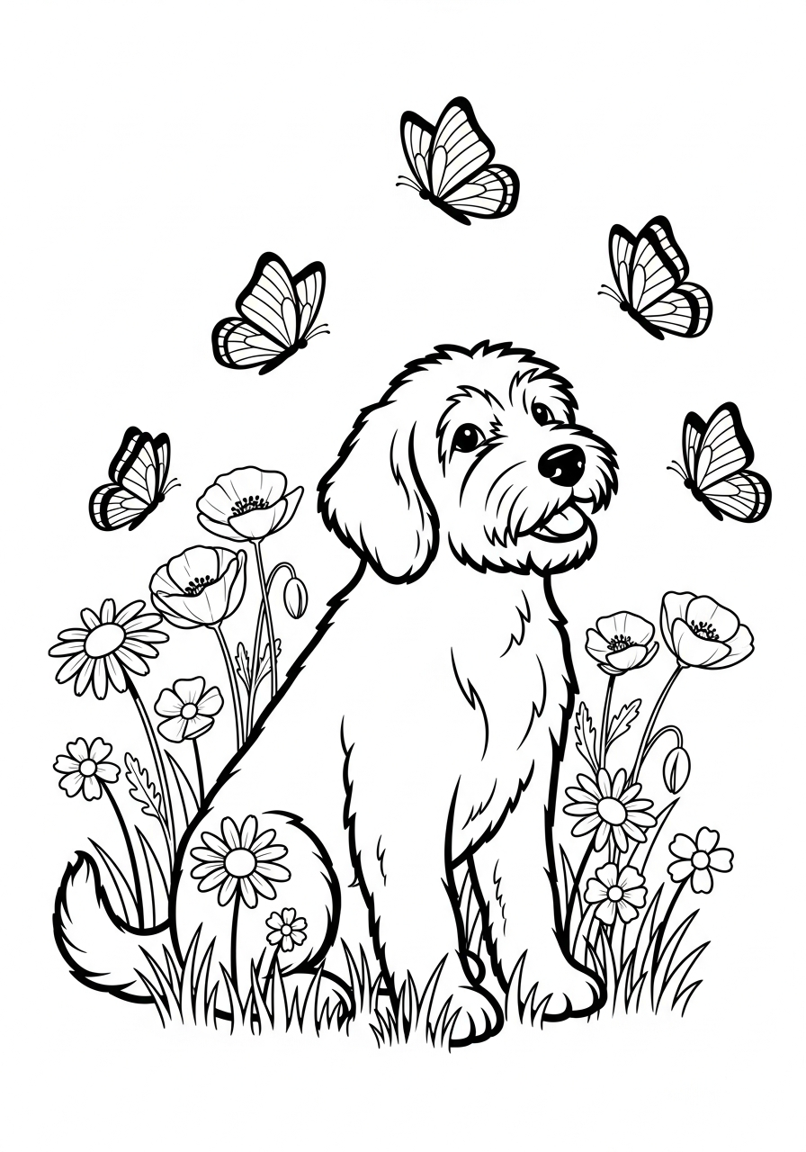 Hond kleurplaat van een hond tussen bloemen in een veld, met vlinders om in te kleuren.
