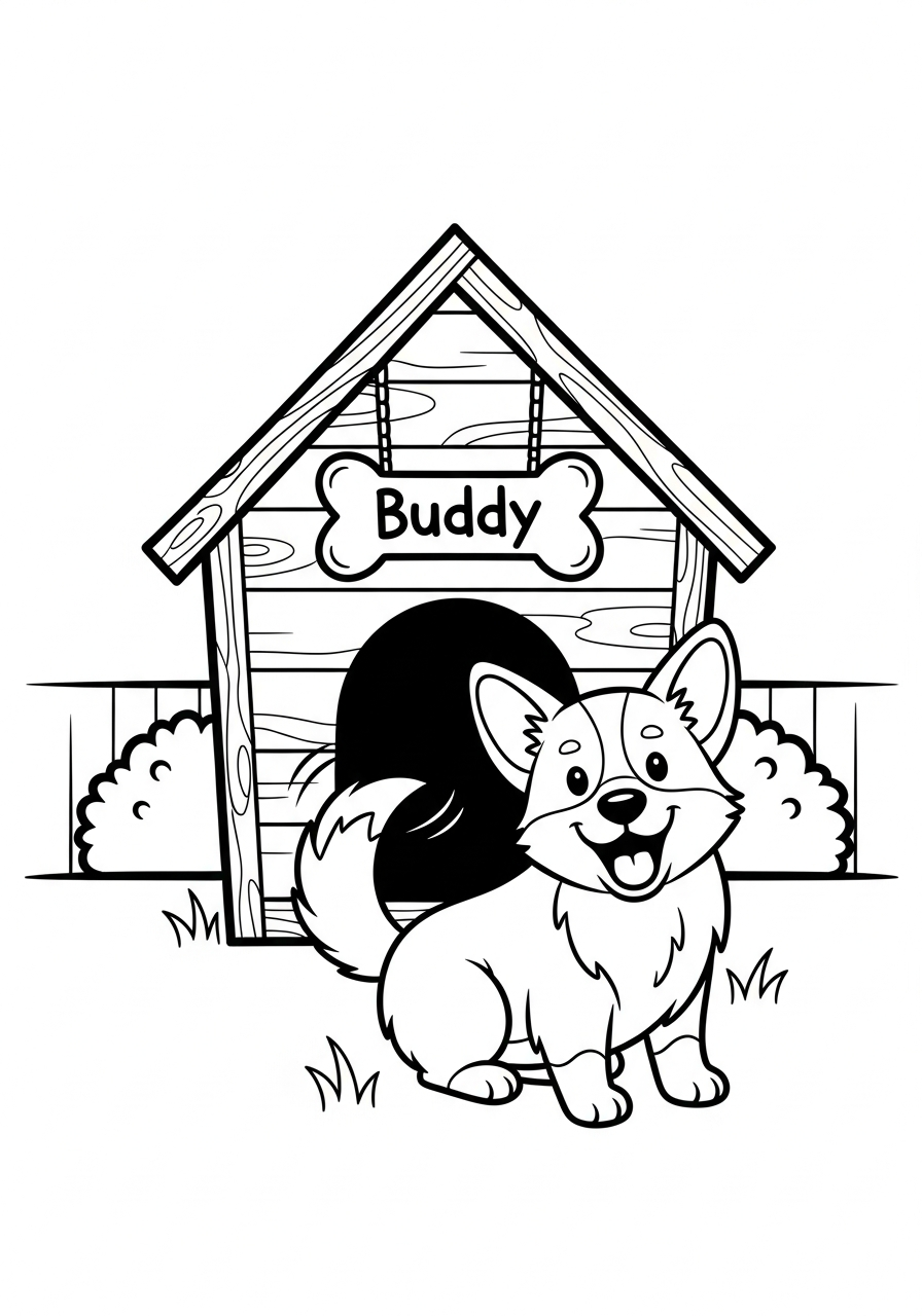Hond kleurplaat van een hond die voor zijn hondenhok zit, met een naamplaatje om in te kleuren.