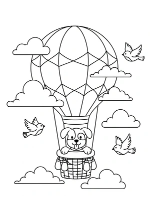 Hond in een luchtballon kleurplaat