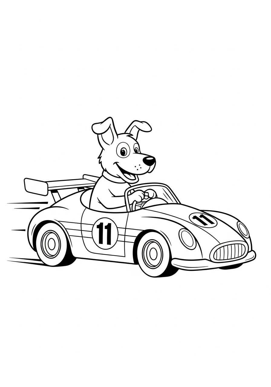 Hond kleurplaat van een hond die in een raceauto zit, stoer om in te kleuren.