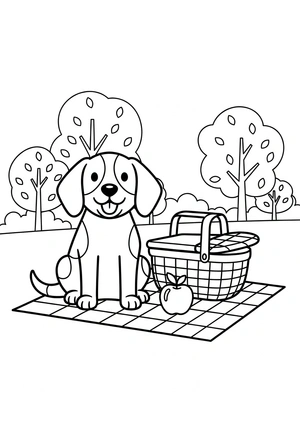 Hond in het park op een picknickkleed kleurplaat