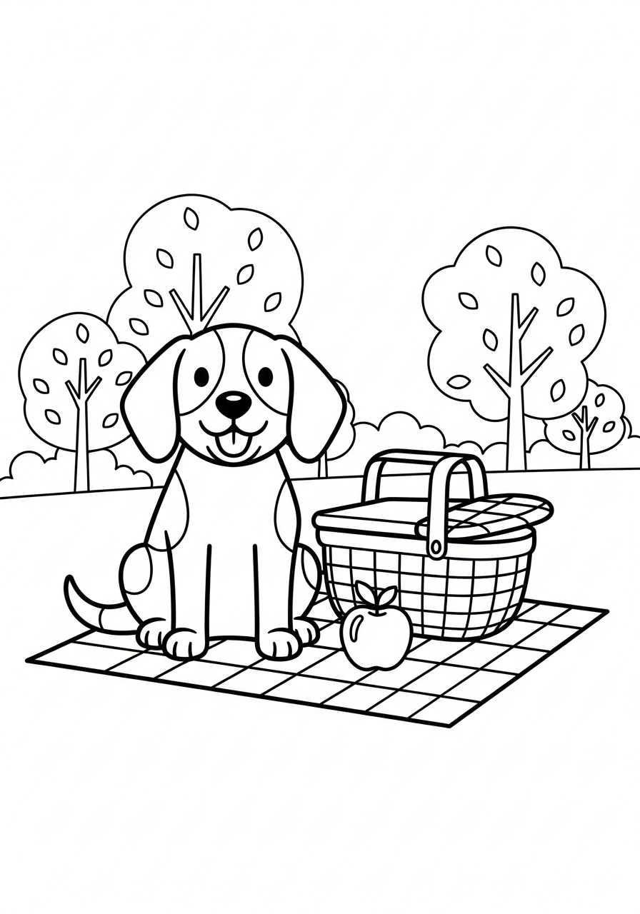 Hond kleurplaat van een hond op een picknickkleed in het park, om in te kleuren.