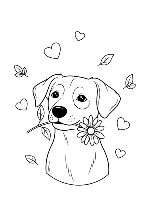 Hond met een bloem in de bek kleurplaat